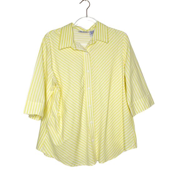 BLAIR Vintage Striped Poplin Button-Up Shirt Relaxed Fit Yellow White Size Large - Picture 5 of 6